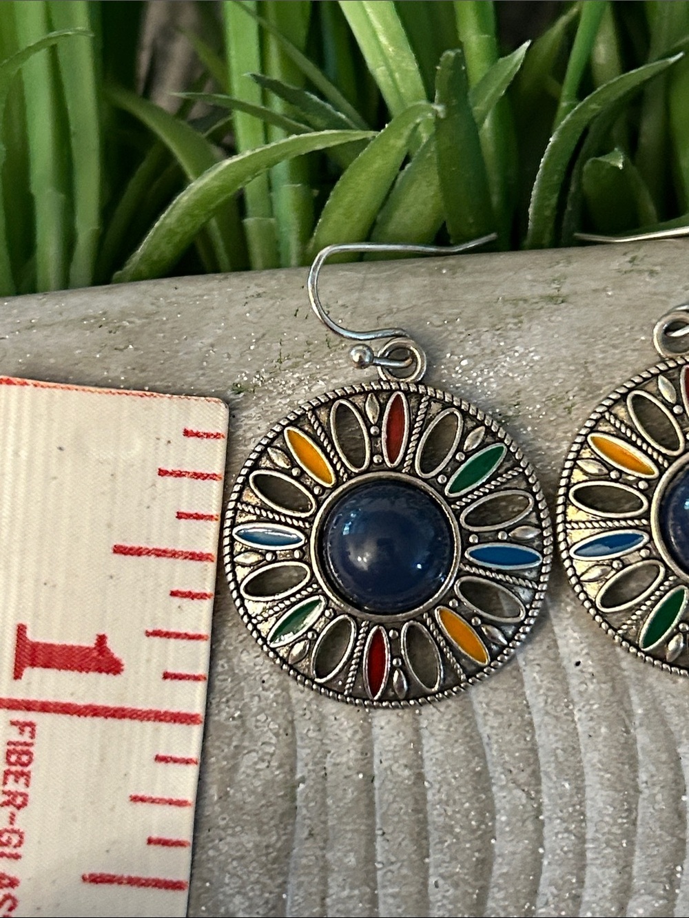 Bohemian Multicolor Sunburst Drop Earrings with Navy Center - Picture 2 of 4